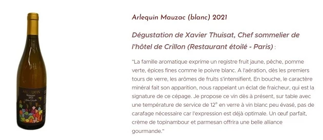 Avis du sommelier Xavier Thuisat sur l'Arlequin Mauzac Blanc 2021 - Restaurant Des roses et des orties - Toulouse
